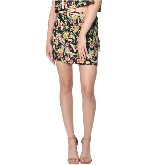 WAYF Kenny Linen Blend Wrap Skirt - Black Hawaiian Print - Size Medium - Picture 1 of 10